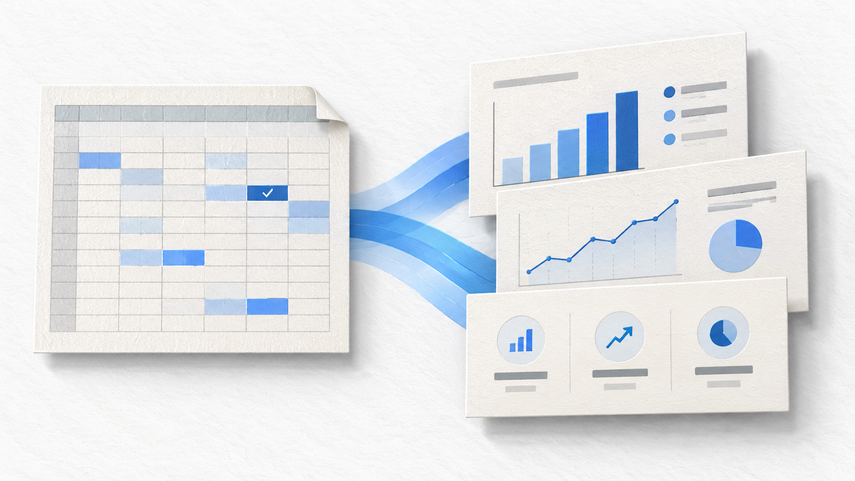 Editorial illustration of spreadsheet cells flowing into an editable presentation report