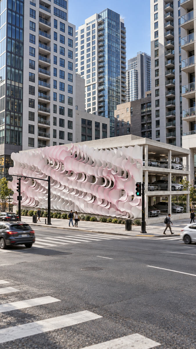AI-generated architectural interpretation of the pink-and-white façade in a dense city block